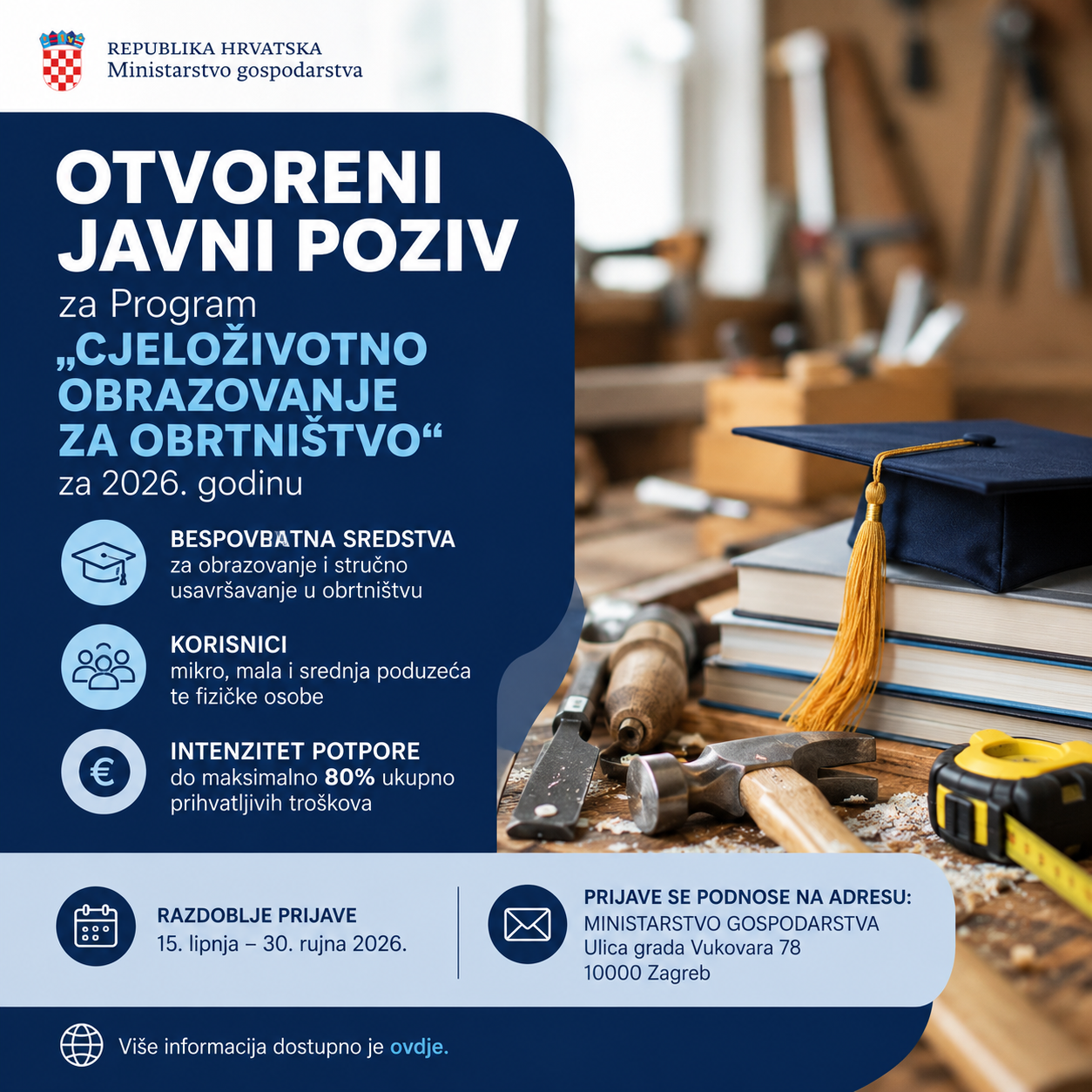Otvoren javni poziv za program „Cjeloživotno obrazovanje za obrtništvo“ za 2026. godinu